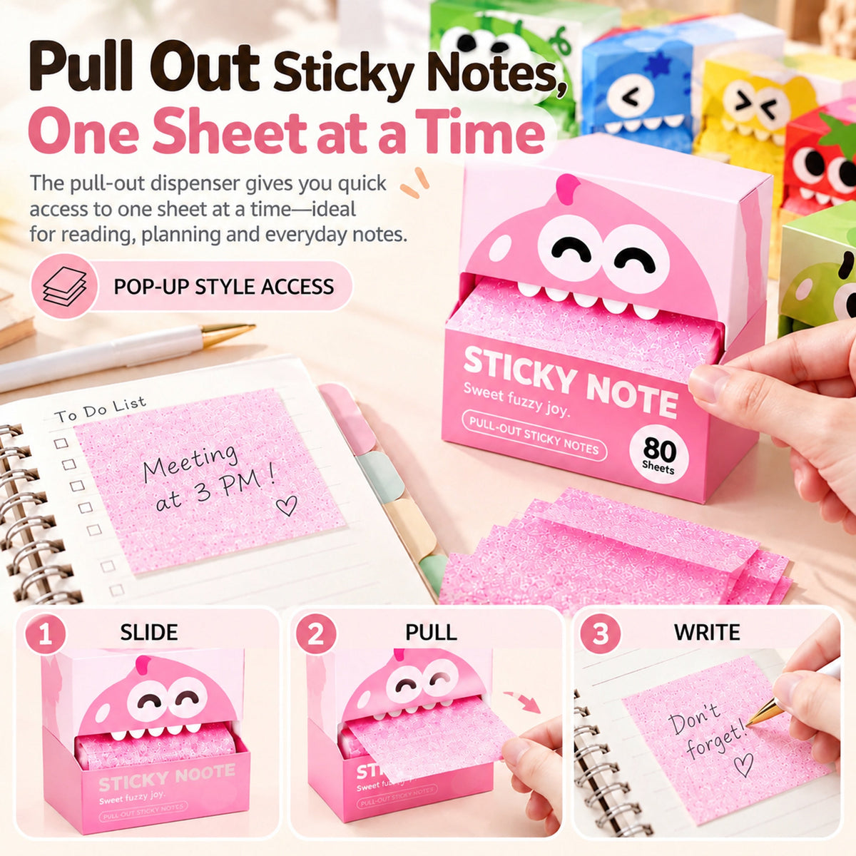 ✨ Cute Monster Glitter Transparent Sticky Notes – Pull-Out Memo Pad for Journaling, Bible Study & Planning 💖