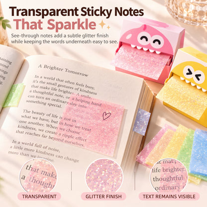 ✨ Cute Monster Glitter Transparent Sticky Notes – Pull-Out Memo Pad for Journaling, Bible Study & Planning 💖