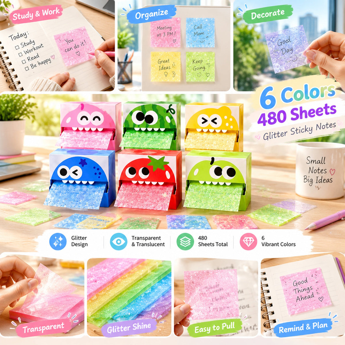 ✨ Cute Monster Glitter Transparent Sticky Notes – Pull-Out Memo Pad for Journaling, Bible Study & Planning 💖