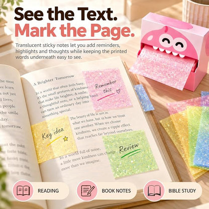 ✨ Cute Monster Glitter Transparent Sticky Notes – Pull-Out Memo Pad for Journaling, Bible Study & Planning 💖