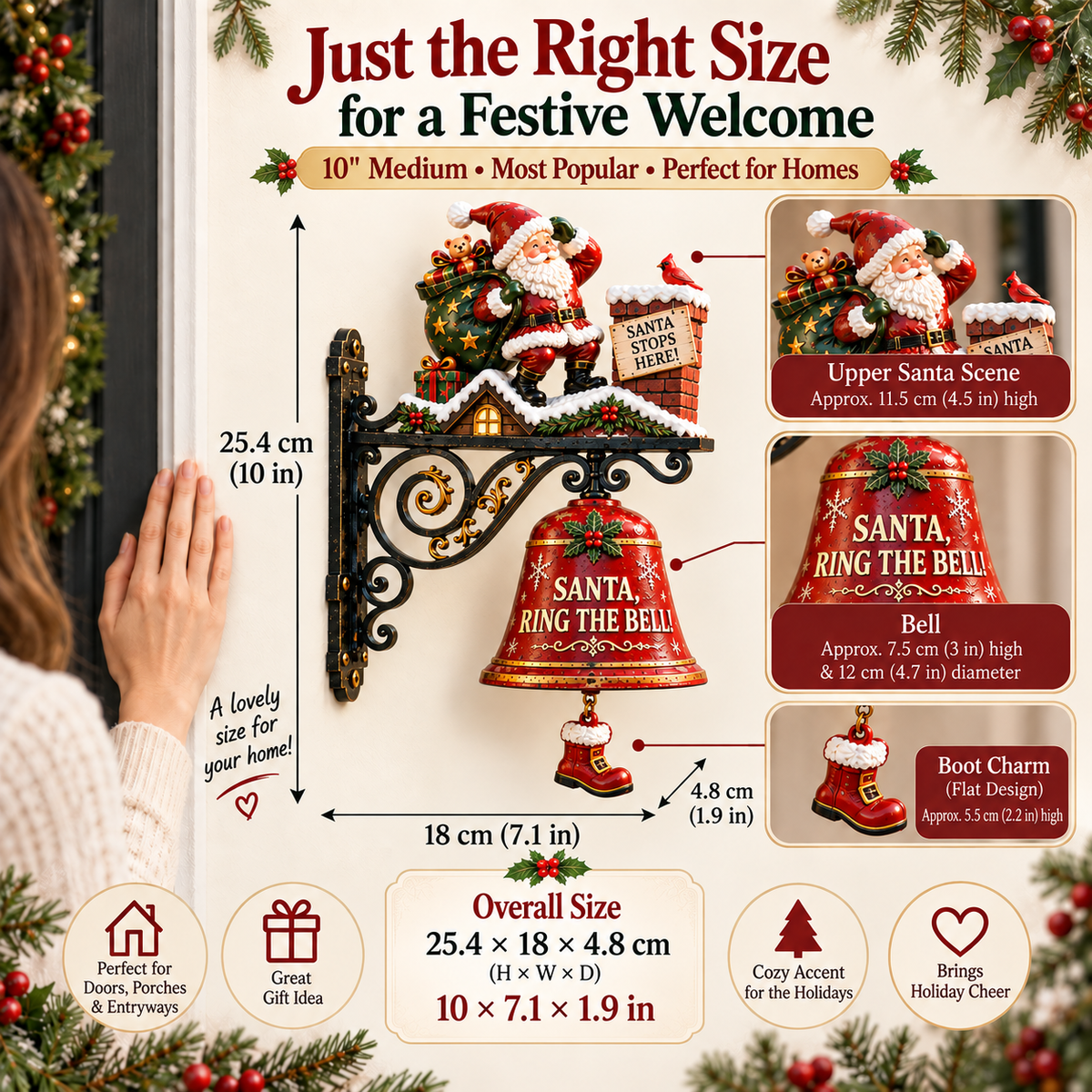 🎅 Santa, Ring the Bell! Iron Christmas Door Bell — Vintage Holiday Porch & Entryway Decor