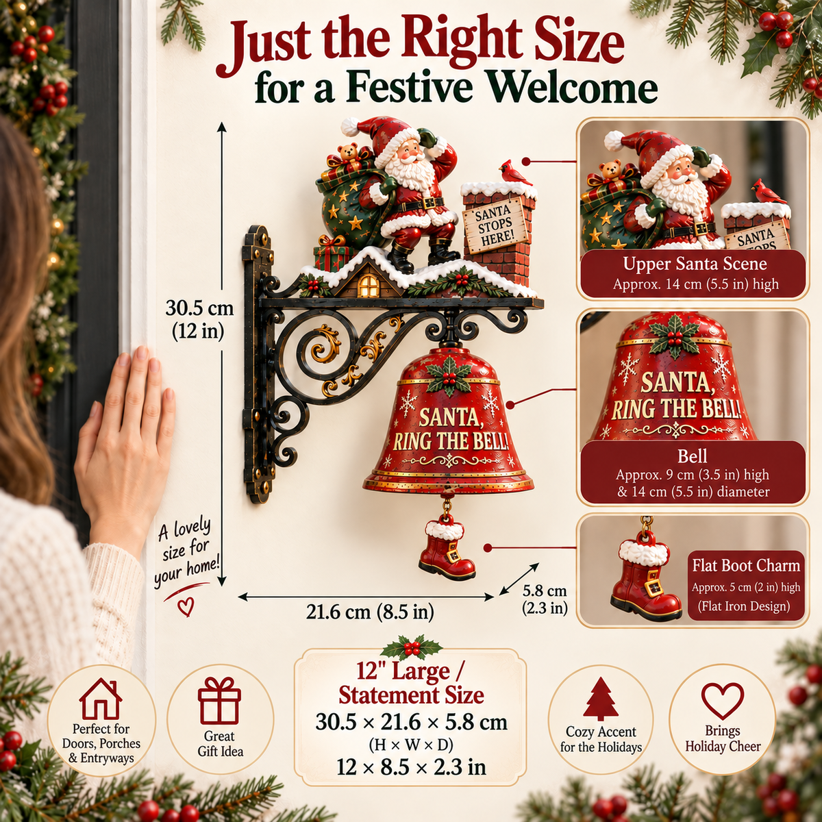 🎅 Santa, Ring the Bell! Iron Christmas Door Bell — Vintage Holiday Porch & Entryway Decor